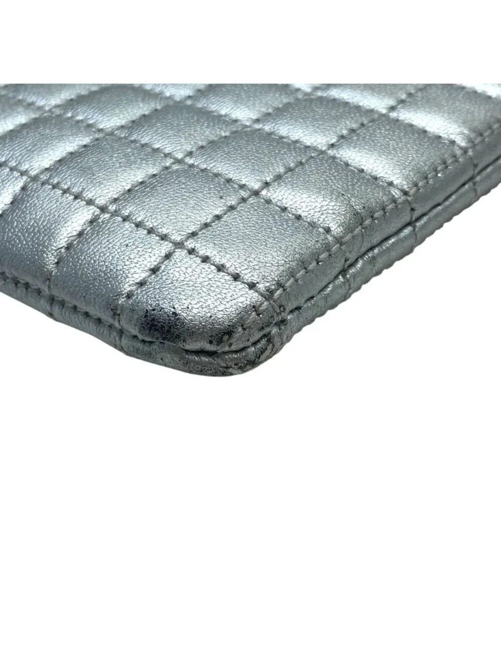 Celine C Charm Clutch Pouch Quilted Leather Silver Lightweight Capacity